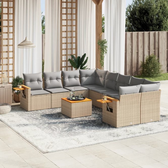 9-tlg. Garten-Sofagarnitur mit Kissen Schwarz Poly Rattan