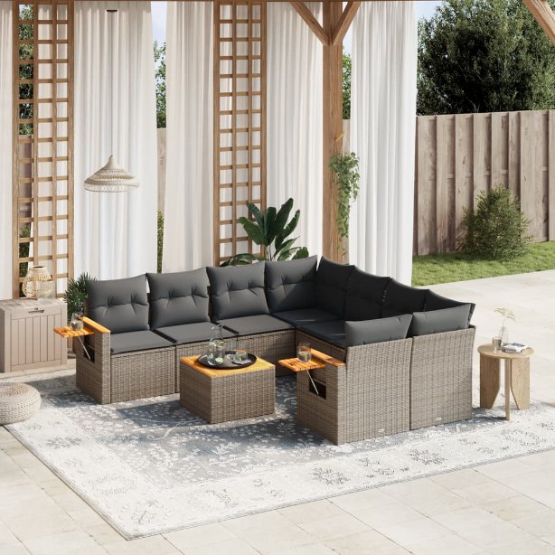 9-tlg. Garten-Sofagarnitur mit Kissen Schwarz Poly Rattan