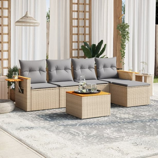 5-tlg. Garten-Sofagarnitur mit Kissen Schwarz Poly Rattan