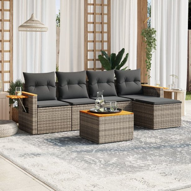 5-tlg. Garten-Sofagarnitur mit Kissen Schwarz Poly Rattan