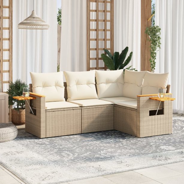 4-tlg. Garten-Sofagarnitur mit Kissen Schwarz Poly Rattan