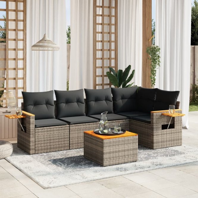 5-tlg. Garten-Sofagarnitur mit Kissen Schwarz Poly Rattan