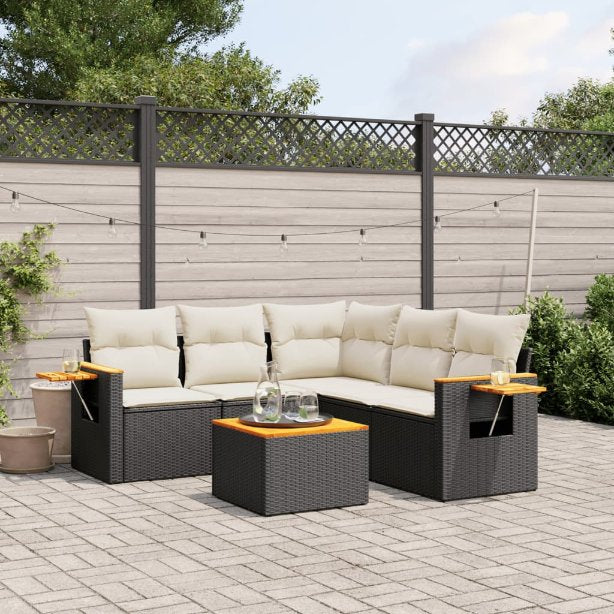 5-tlg. Garten-Sofagarnitur mit Kissen Schwarz Poly Rattan