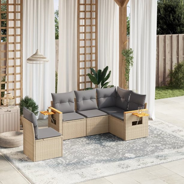 5-tlg. Garten-Sofagarnitur mit Kissen Schwarz Poly Rattan