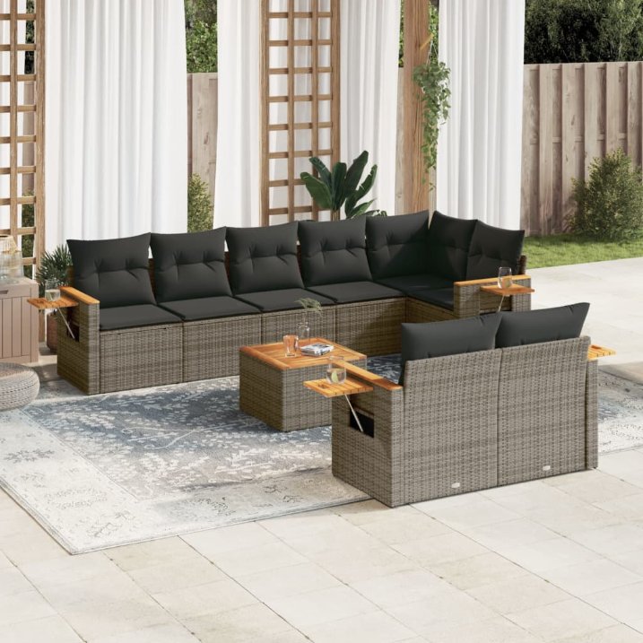 8-tlg. Garten-Sofagarnitur mit Kissen Schwarz Poly Rattan