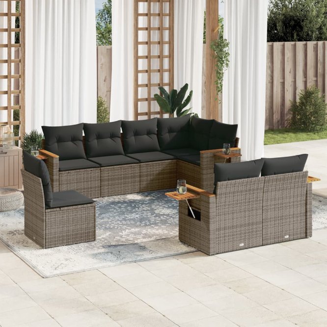 8-tlg. Garten-Sofagarnitur mit Kissen Schwarz Poly Rattan