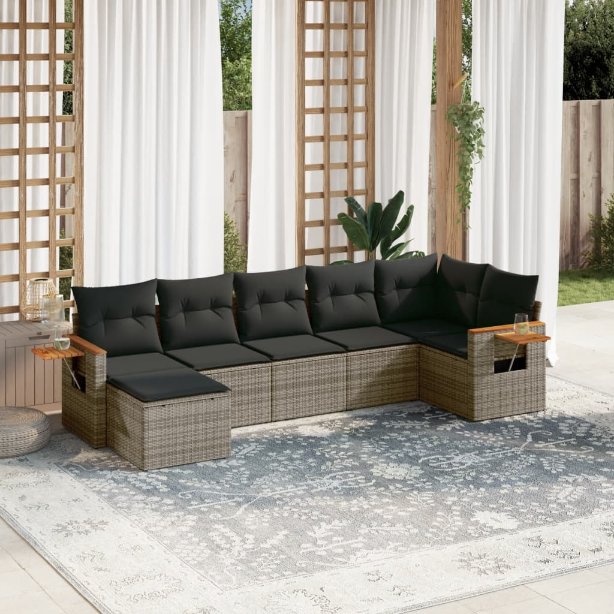 7-tlg. Garten-Sofagarnitur mit Kissen Schwarz Poly Rattan