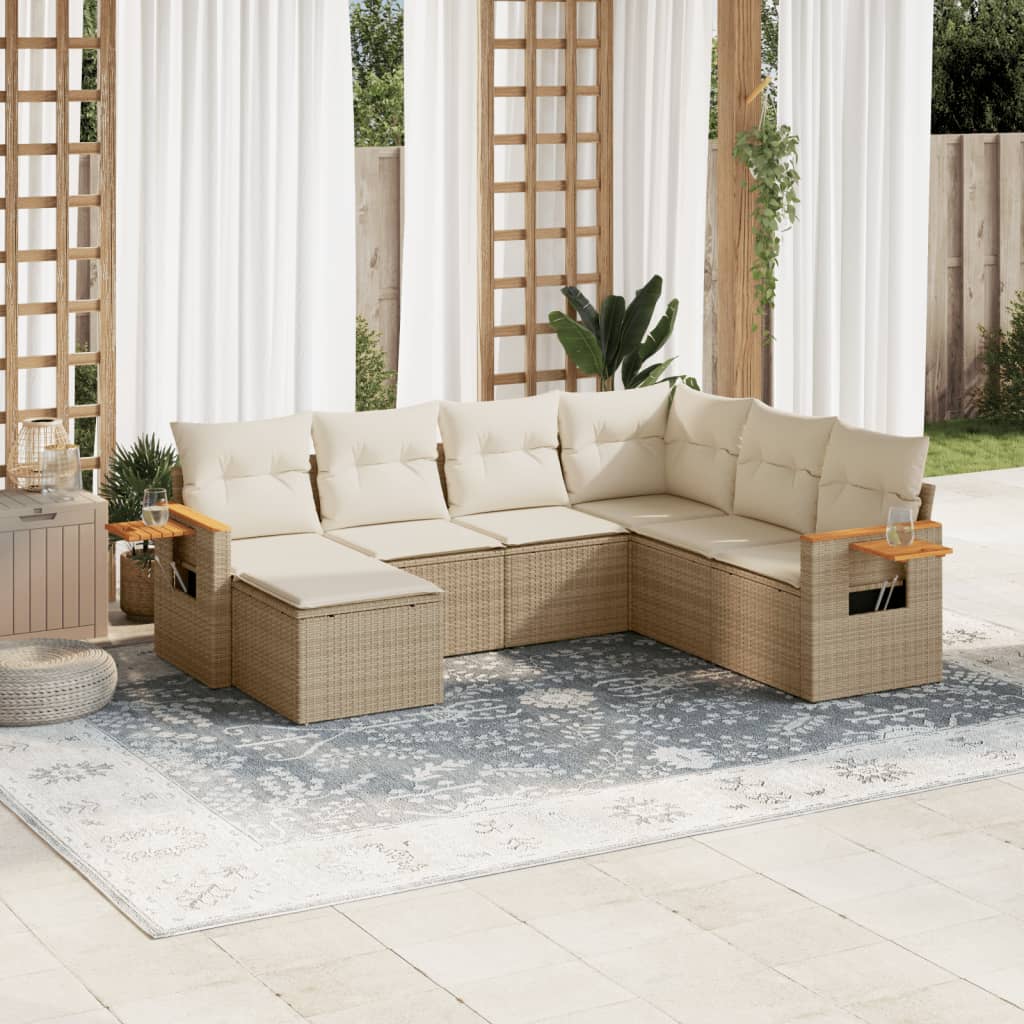 7-tlg. Garten-Sofagarnitur mit Kissen Schwarz Poly Rattan