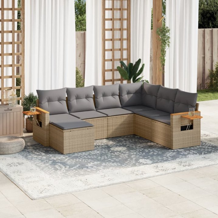 7-tlg. Garten-Sofagarnitur mit Kissen Schwarz Poly Rattan