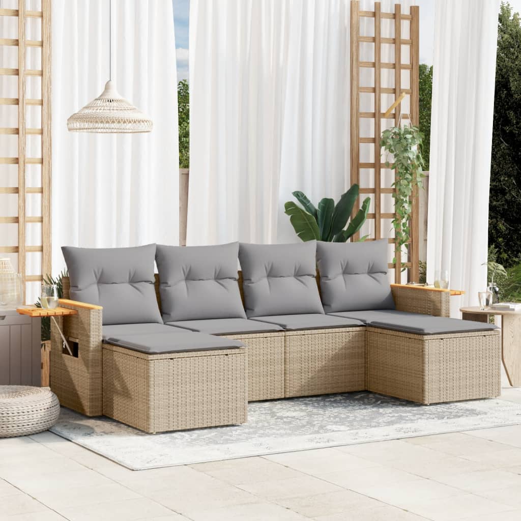 6-tlg. Garten-Sofagarnitur mit Kissen Schwarz Poly Rattan