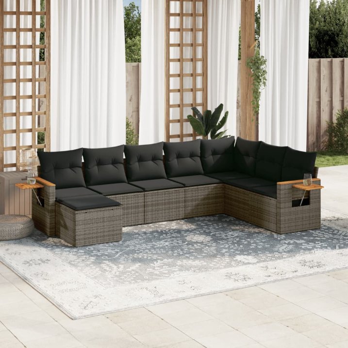 8-tlg. Garten-Sofagarnitur mit Kissen Schwarz Poly Rattan