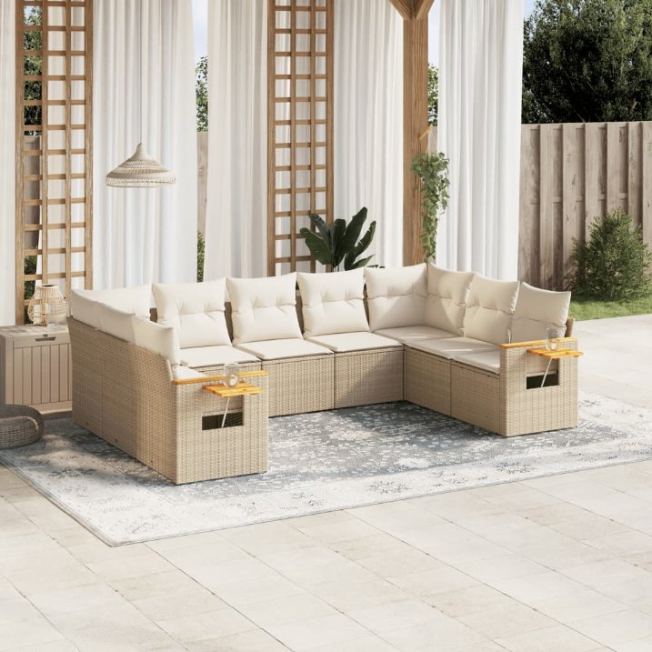 9-tlg. Garten-Sofagarnitur mit Kissen Schwarz Poly Rattan