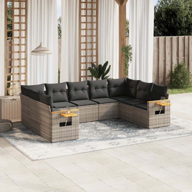 9-tlg. Garten-Sofagarnitur mit Kissen Schwarz Poly Rattan