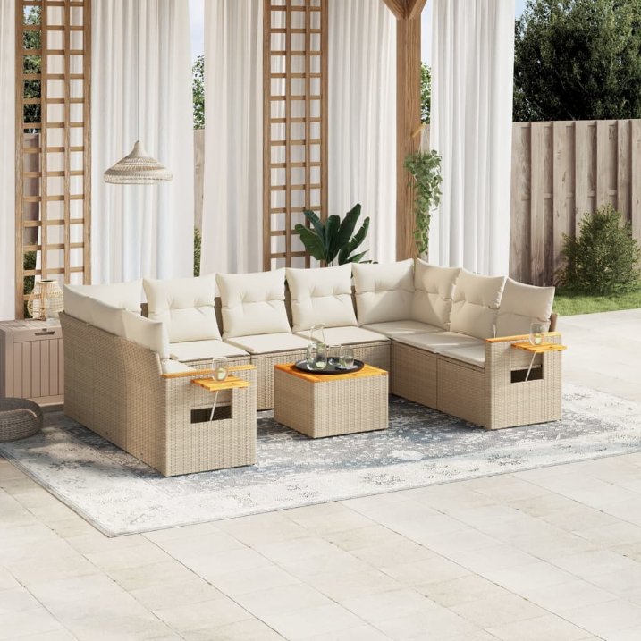 9-tlg. Garten-Sofagarnitur mit Kissen Schwarz Poly Rattan