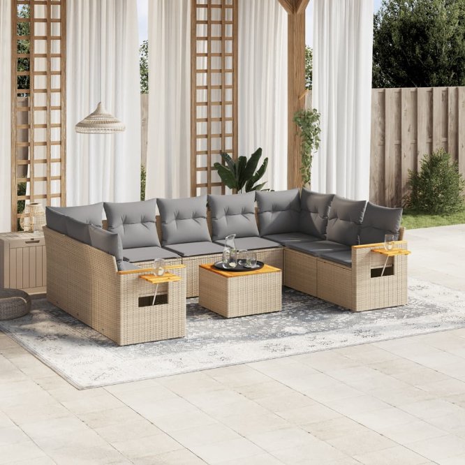 9-tlg. Garten-Sofagarnitur mit Kissen Schwarz Poly Rattan