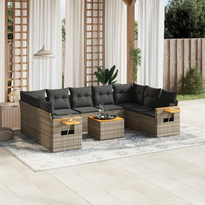 9-tlg. Garten-Sofagarnitur mit Kissen Schwarz Poly Rattan