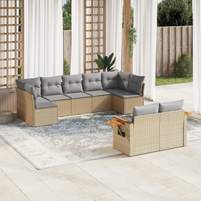 9-tlg. Garten-Sofagarnitur mit Kissen Schwarz Poly Rattan