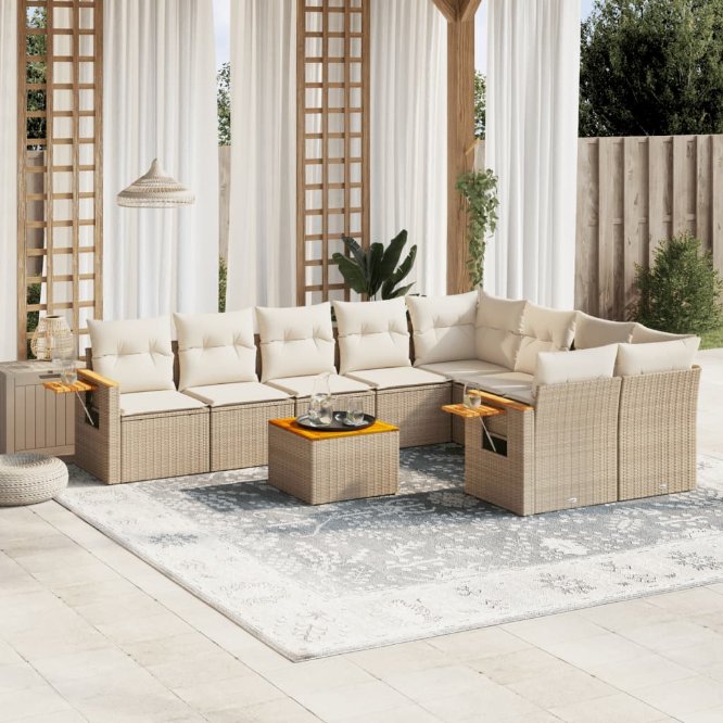 9-tlg. Garten-Sofagarnitur mit Kissen Schwarz Poly Rattan