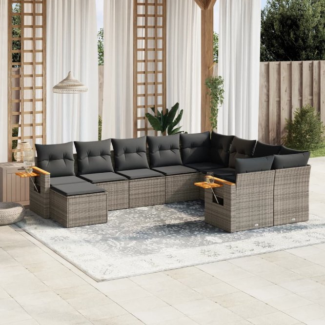vidaXL 10-tlg. Garten-Sofagarnitur mit Kissen Schwarz Poly Rattan