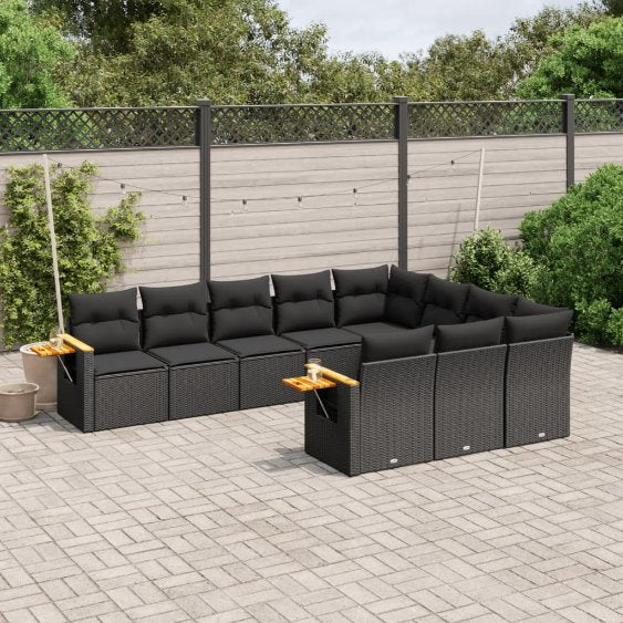 vidaXL 10-tlg. Garten-Sofagarnitur mit Kissen Schwarz Poly Rattan