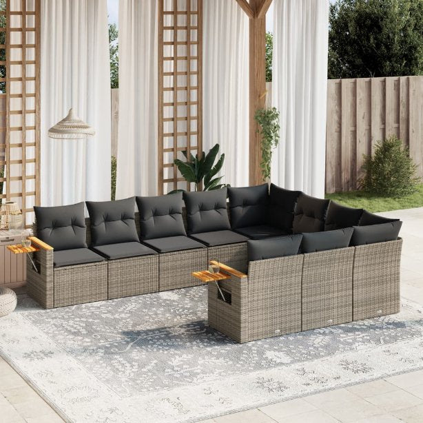 vidaXL 10-tlg. Garten-Sofagarnitur mit Kissen Schwarz Poly Rattan