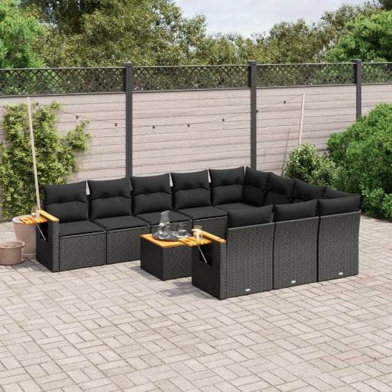 vidaXL 10-tlg. Garten-Sofagarnitur mit Kissen Schwarz Poly Rattan
