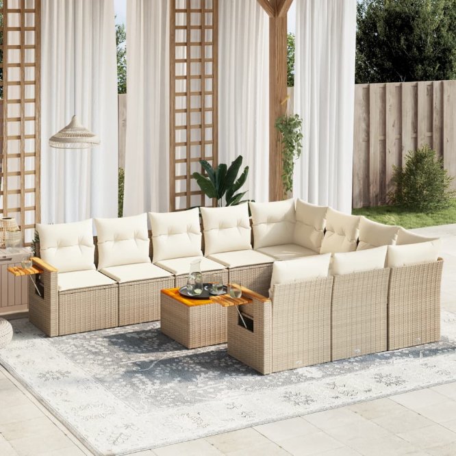 vidaXL 10-tlg. Garten-Sofagarnitur mit Kissen Schwarz Poly Rattan