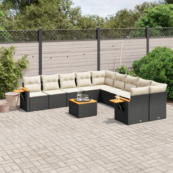 vidaXL 10-tlg. Garten-Sofagarnitur mit Kissen Schwarz Poly Rattan