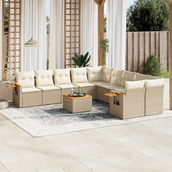 vidaXL 10-tlg. Garten-Sofagarnitur mit Kissen Schwarz Poly Rattan