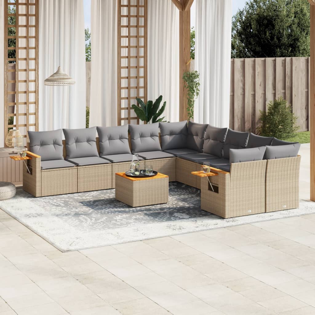 vidaXL 10-tlg. Garten-Sofagarnitur mit Kissen Schwarz Poly Rattan