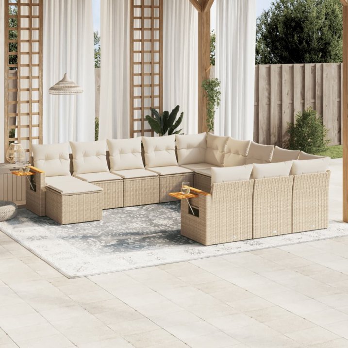 vidaXL 11-tlg. Garten-Sofagarnitur mit Kissen Schwarz Poly Rattan