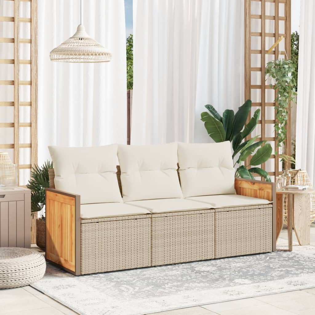 3-tlg. Garten-Sofagarnitur mit Kissen Schwarz Poly Rattan