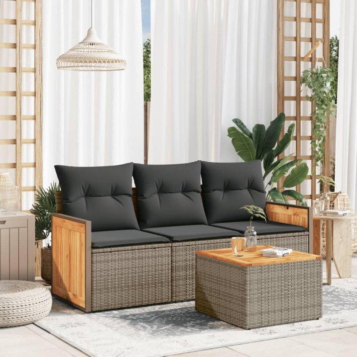 3-tlg. Garten-Sofagarnitur mit Kissen Schwarz Poly Rattan