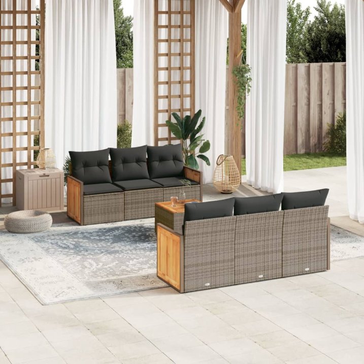 7-tlg. Garten-Sofagarnitur mit Kissen Schwarz Poly Rattan