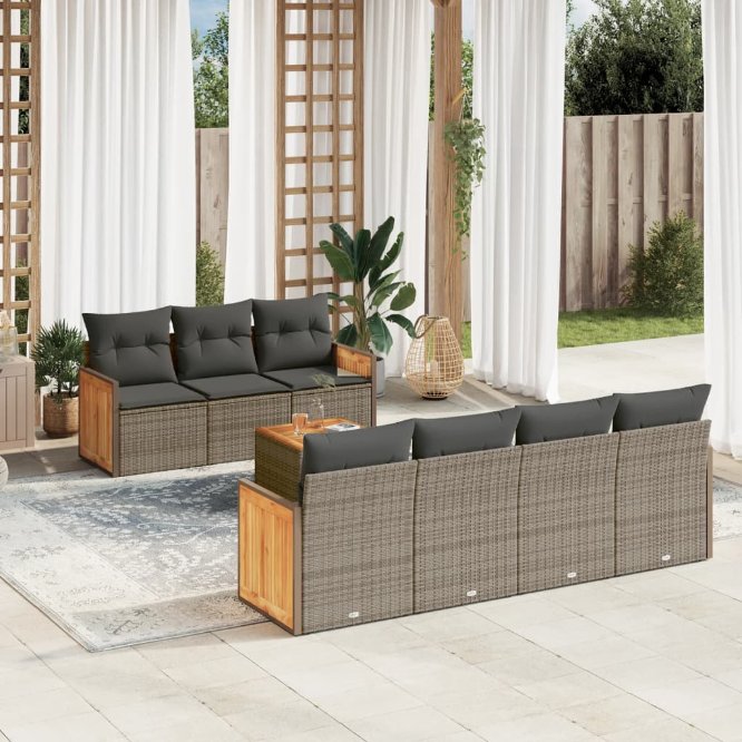 8-tlg. Garten-Sofagarnitur mit Kissen Schwarz Poly Rattan