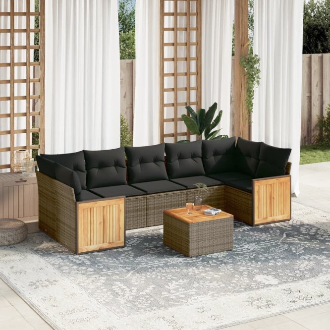 8-tlg. Garten-Sofagarnitur mit Kissen Schwarz Poly Rattan