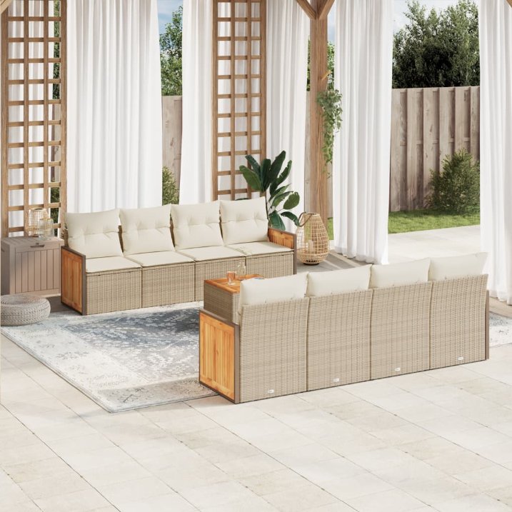 9-tlg. Garten-Sofagarnitur mit Kissen Schwarz Poly Rattan