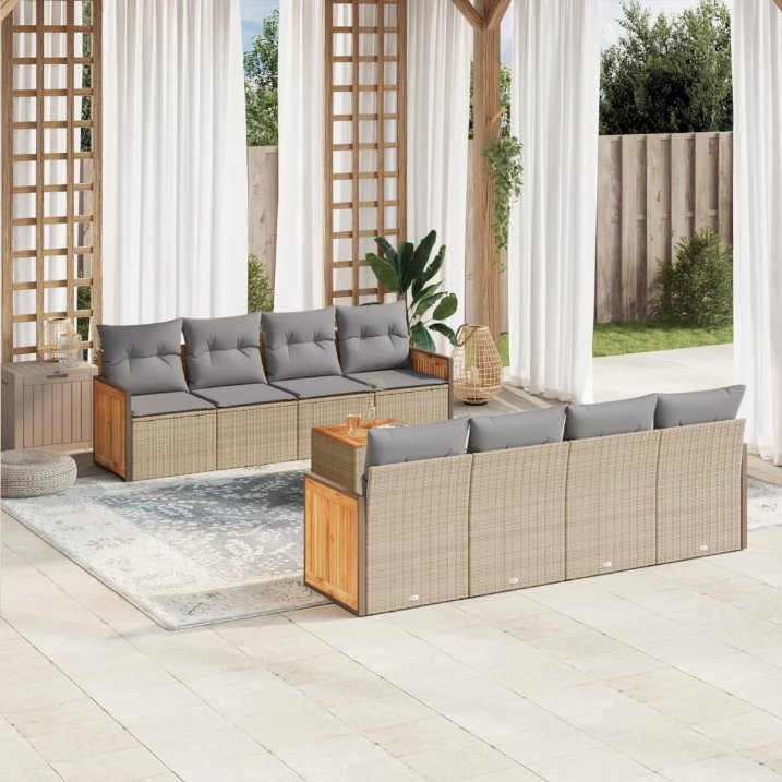 9-tlg. Garten-Sofagarnitur mit Kissen Schwarz Poly Rattan