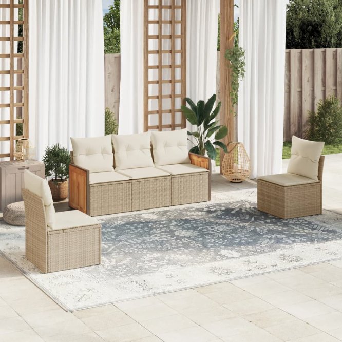 5-tlg. Garten-Sofagarnitur mit Kissen Schwarz Poly Rattan