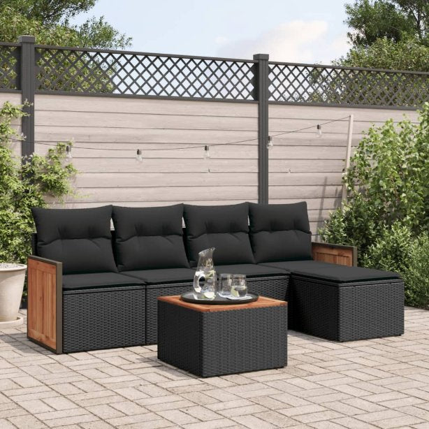 5-tlg. Garten-Sofagarnitur mit Kissen Schwarz Poly Rattan