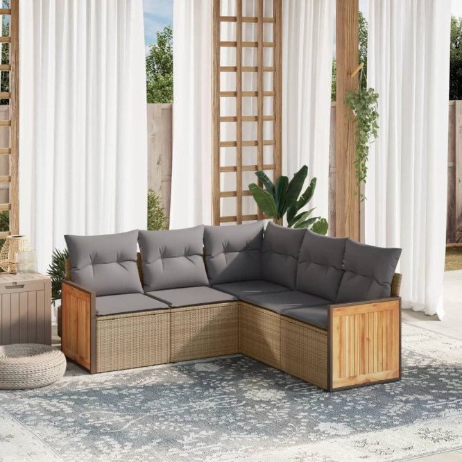 5-tlg. Garten-Sofagarnitur mit Kissen Schwarz Poly Rattan