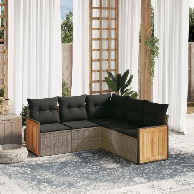 5-tlg. Garten-Sofagarnitur mit Kissen Schwarz Poly Rattan