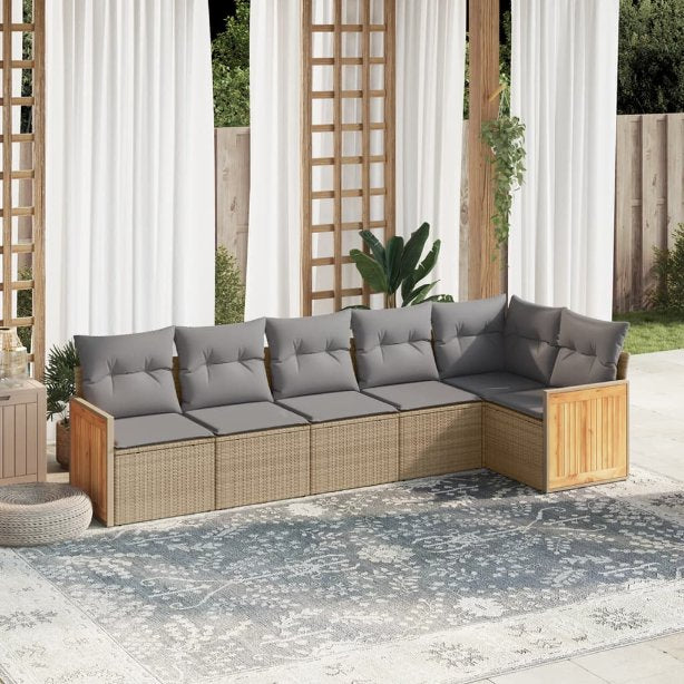 6-tlg. Garten-Sofagarnitur mit Kissen Schwarz Poly Rattan
