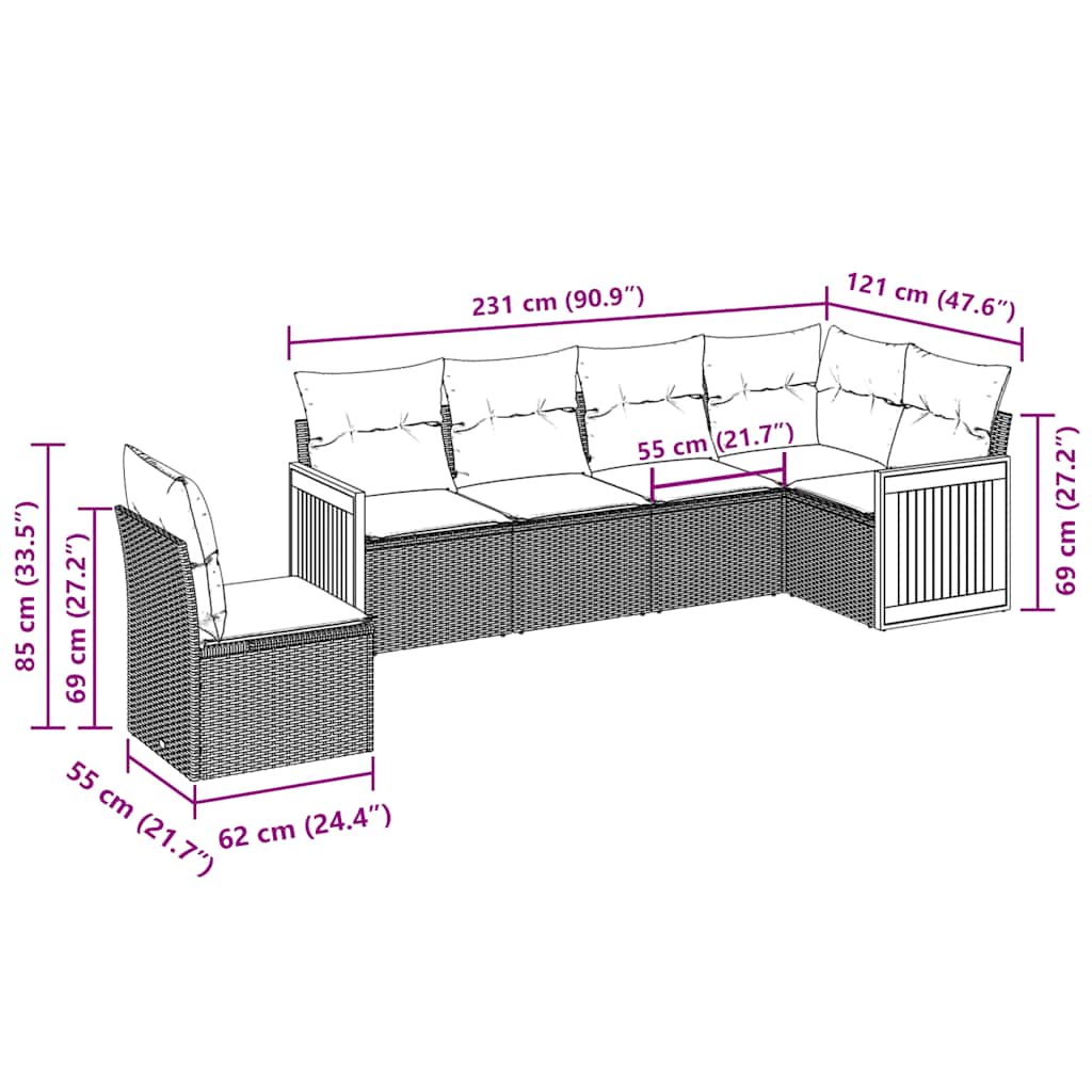 6-tlg. Garten-Sofagarnitur mit Kissen Schwarz Poly Rattan