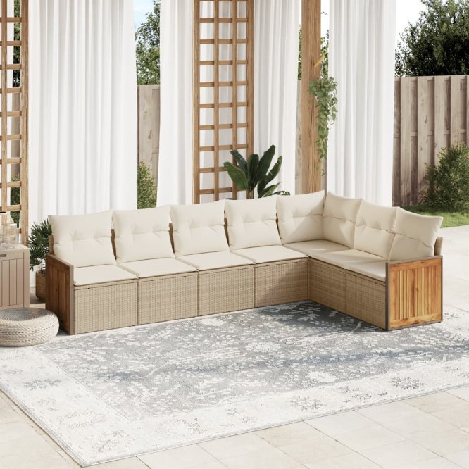 7-tlg. Garten-Sofagarnitur mit Kissen Schwarz Poly Rattan