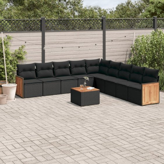 9-tlg. Garten-Sofagarnitur mit Kissen Schwarz Poly Rattan