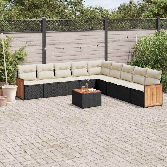 9-tlg. Garten-Sofagarnitur mit Kissen Schwarz Poly Rattan