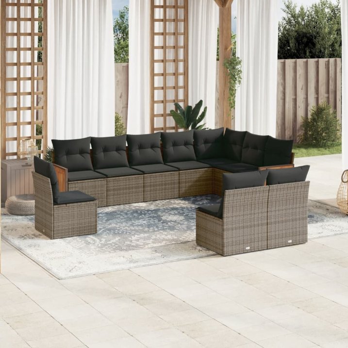 vidaXL 10-tlg. Garten-Sofagarnitur mit Kissen Schwarz Poly Rattan