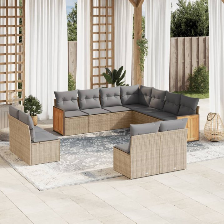 vidaXL 11-tlg. Garten-Sofagarnitur mit Kissen Schwarz Poly Rattan