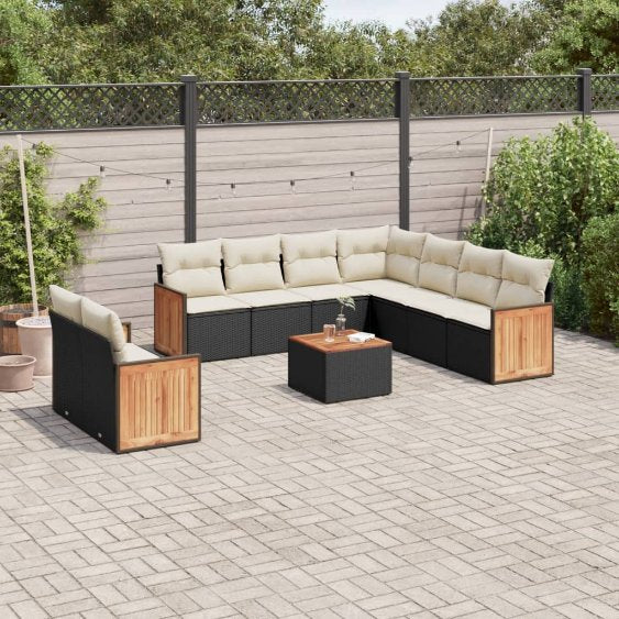 9-tlg. Garten-Sofagarnitur mit Kissen Schwarz Poly Rattan